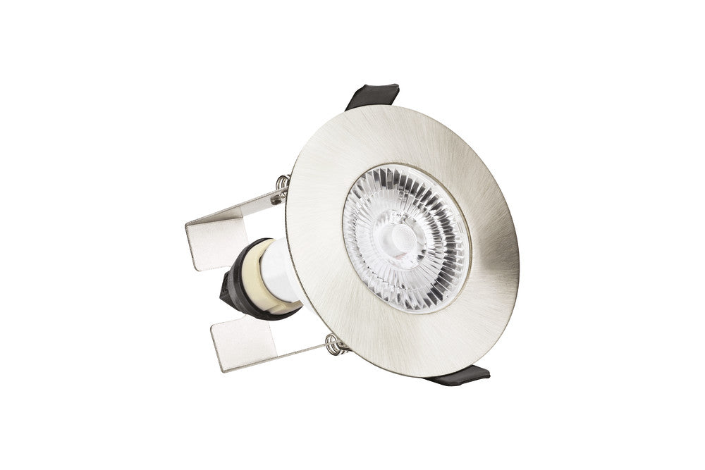 EVOFIRE FIRE RATED DOWNLIGHT 70MM CUTOUT 3PACK IP65 SATIN NICKEL ROUND +GU10 HOLDER & INSULATION GUARD INTEGRAL