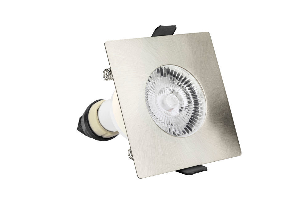 EVOFIRE FIRE RATED DOWNLIGHT 70MM CUTOUT IP65 SATIN NICKEL SQUARE +GU10 HOLDER INTEGRAL