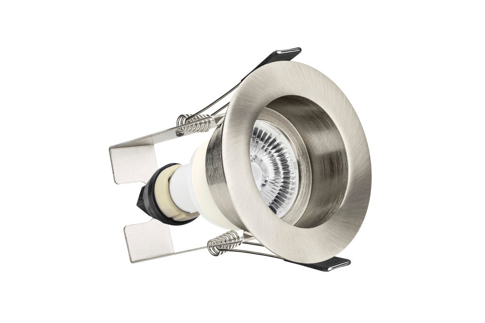 EVOFIRE FIRE RATED DOWNLIGHT 70MM CUTOUT IP65 SATIN NICKEL RECESSED +GU10 HOLDER & INSULATION GUARD INTEGRAL