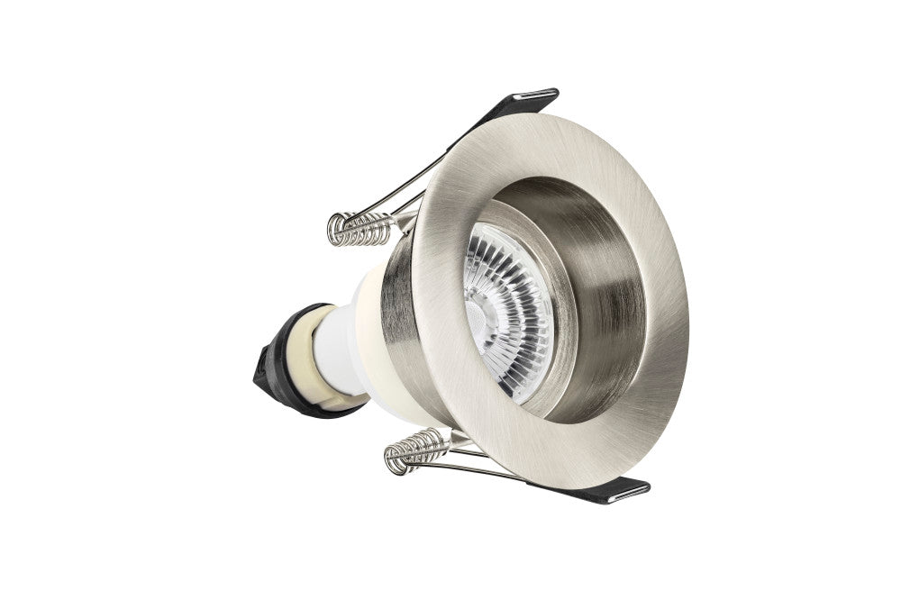 EVOFIRE FIRE RATED DOWNLIGHT 70MM CUTOUT IP65 SATIN NICKEL RECESSED +GU10 HOLDER INTEGRAL