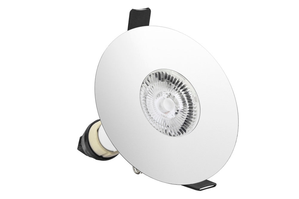 EVOFIRE FIRE RATED DOWNLIGHT 70-100MM CUTOUT IP65 POLISHED CHROME ROUND +GU10 HOLDER INTEGRAL