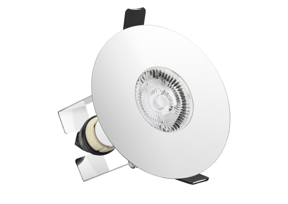 EVOFIRE FIRE RATED DOWNLIGHT 70-100MM CUTOUT IP65 POLISHED CHROME ROUND +GU10 HOLDER & INSULATION GUARD INTEGRAL