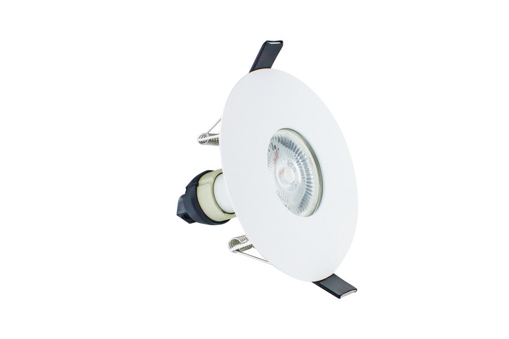 EVOFIRE FIRE RATED DOWNLIGHT 70-100MM CUTOUT IP65 WHITE ROUND +GU10 HOLDER INTEGRAL