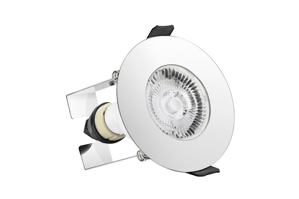 EVOFIRE FIRE RATED DOWNLIGHT 70MM CUTOUT IP65 POLISHED CHROME ROUND +GU10 HOLDER & INSULATION GUARD INTEGRAL