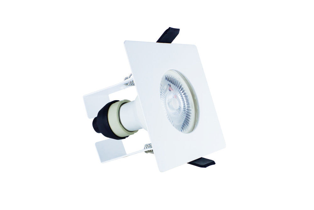 EVOFIRE FIRE RATED DOWNLIGHT 70MM CUTOUT IP65 WHITE SQUARE +GU10 HOLDER & INSULATION GUARD INTEGRAL