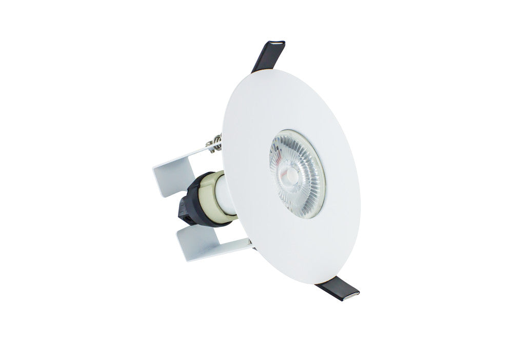 EVOFIRE FIRE RATED DOWNLIGHT 70-100MM CUTOUT IP65 WHITE ROUND +GU10 HOLDER & INSULATION GUARD INTEGRAL