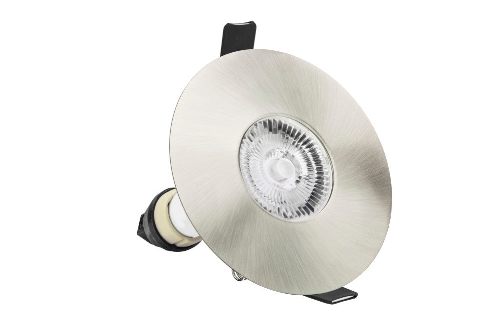 EVOFIRE FIRE RATED DOWNLIGHT 70-100MM CUTOUT IP65 SATIN NICKEL ROUND +GU10 HOLDER INTEGRAL