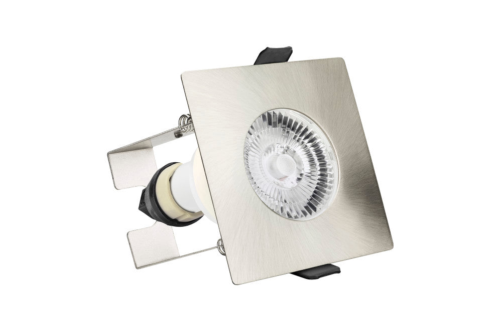 EVOFIRE FIRE RATED DOWNLIGHT 70MM CUTOUT IP65 SATIN NICKEL SQUARE +GU10 HOLDER & INSULATION GUARD INTEGRAL