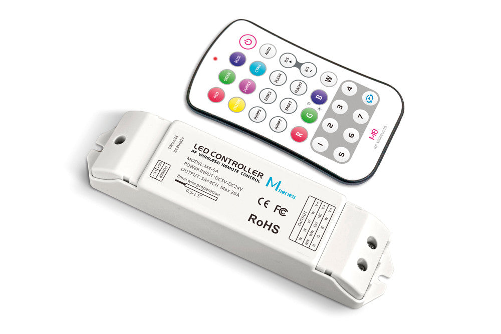 RF RECEIVER AND REMOTE BUTTON RGBW 5-24V CONSTANT VOLTAGE 100W(5V) AND 240W(12V) AND 480W(24V) INTEGRAL