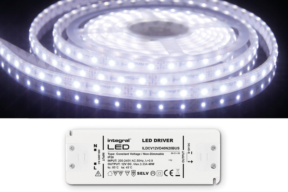STRIP AND DRIVER KIT IP67 5M 6500K 12V 6W/M 350LM/M 60LED/M 10MM WIDTH 115 BEAM BOX PACK WITH 12V IP20 40W DRIVER INTEGRAL