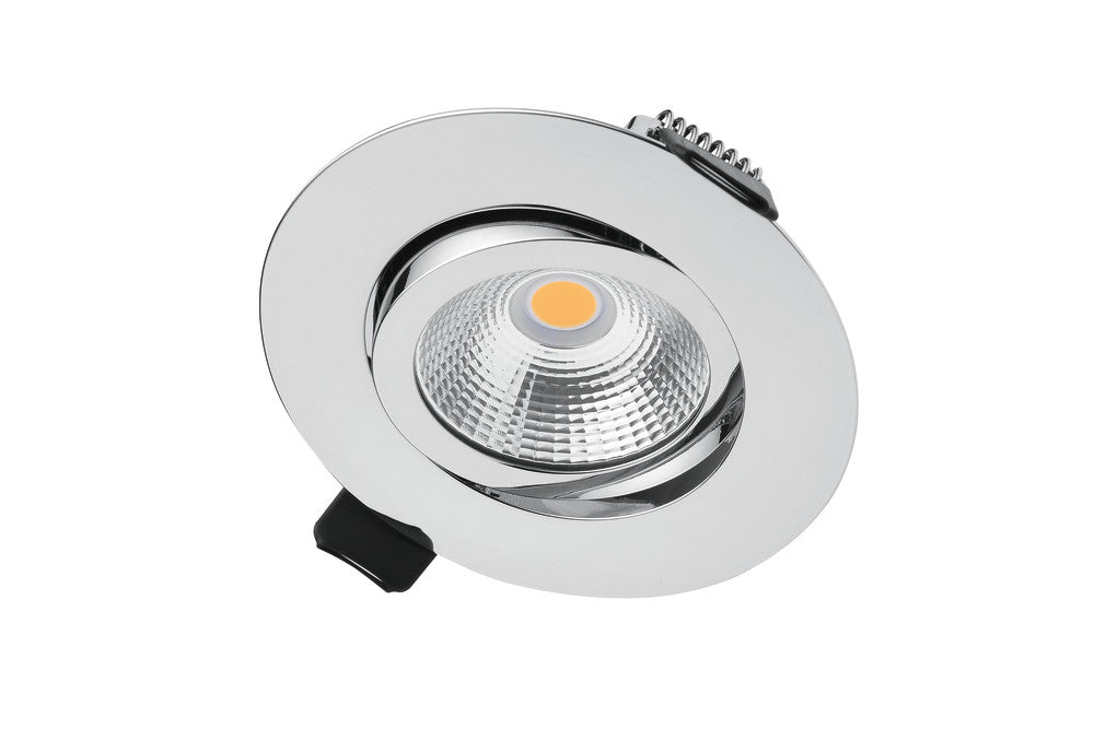 ULTRA SLIM TILTABLE DOWNLIGHT 65MM CUTOUT 6.5W 650LM 100LM/W 3000K 36 BEAM DIMMABLE POLISHED CHROME INTEGRAL