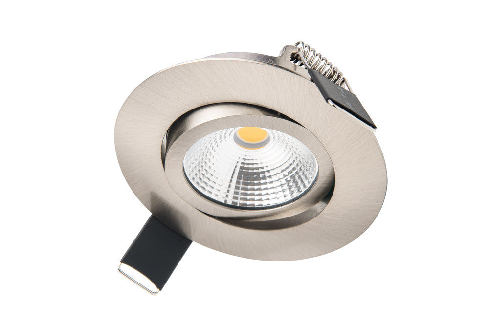 ULTRA SLIM TILTABLE DOWNLIGHT 65MM CUTOUT 6.5W 650LM 100LM/W 3000K 36 BEAM DIMMABLE SATIN NICKEL INTEGRAL
