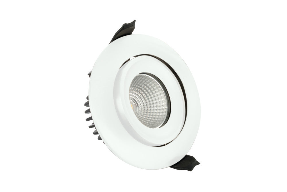 LUXFIRE FIRE RATED TILTABLE DOWNLIGHT 92MM CUTOUT IP65 430LM 6W 3000K 36 BEAM DIMMABLE 72LM/W WHITE INTEGRAL