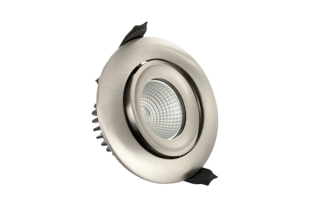 LUXFIRE FIRE RATED TILTABLE DOWNLIGHT 92MM CUTOUT IP65 430LM 6W 3000K 36 BEAM DIMMABLE 72LM/W SATIN NICKEL INTEGRAL