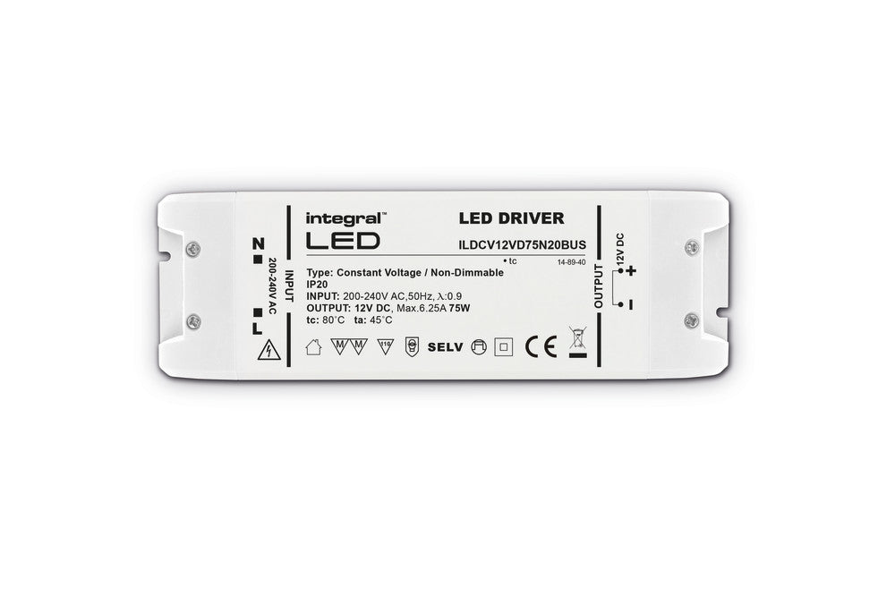 CONSTANT VOLTAGE DRIVER 75W 12VDC IP20 NON-DIMM 200-240V INPUT INTEGRAL
