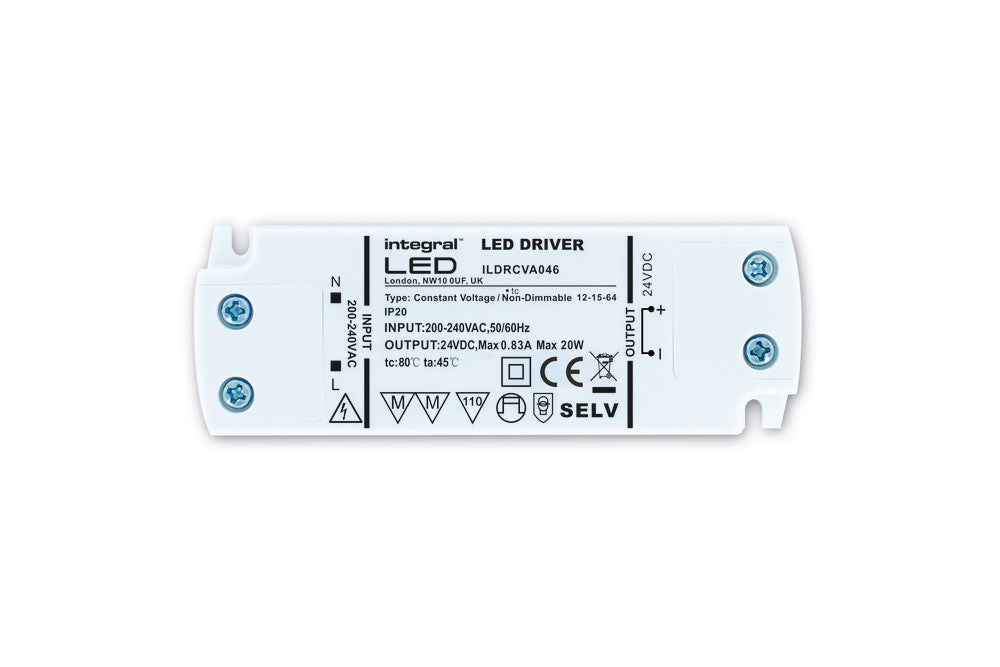 CONSTANT VOLTAGE DRIVER 20W 24VDC IP20 NON-DIMM 200-240V INPUT INTEGRAL