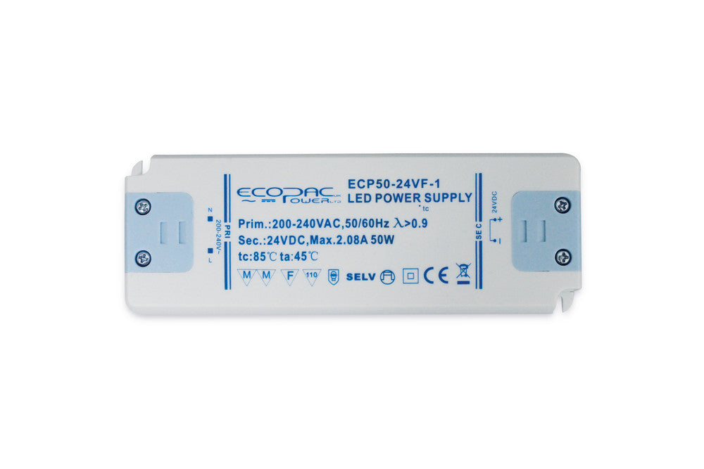CONSTANT VOLTAGE DRIVER 50W 24VDC IP20 NON-DIMM 200-240V INPUT ECOPAC POWER