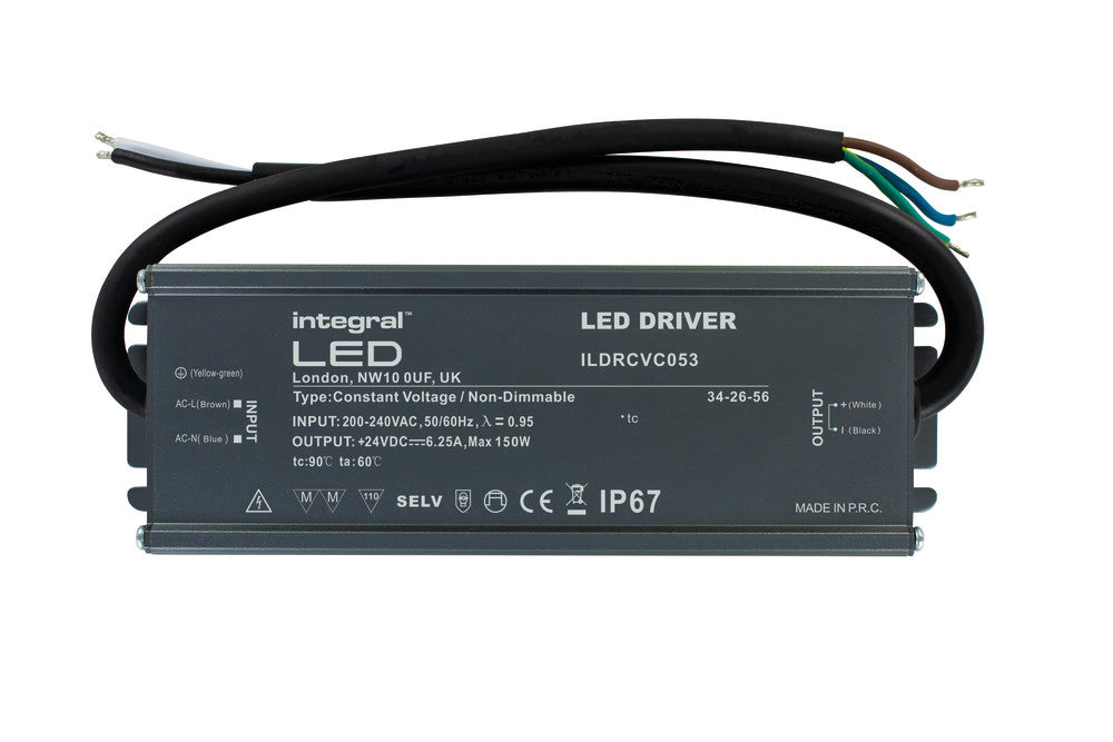 CONSTANT VOLTAGE DRIVER 150W 24VDC IP67 NON-DIMM 200-240V INPUT INTEGRAL