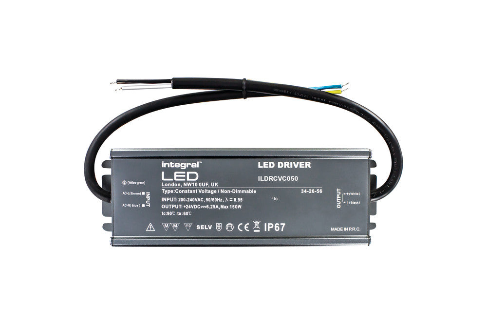 CONSTANT VOLTAGE DRIVER 150W 12VDC IP67 NON-DIMM 200-240V INPUT INTEGRAL