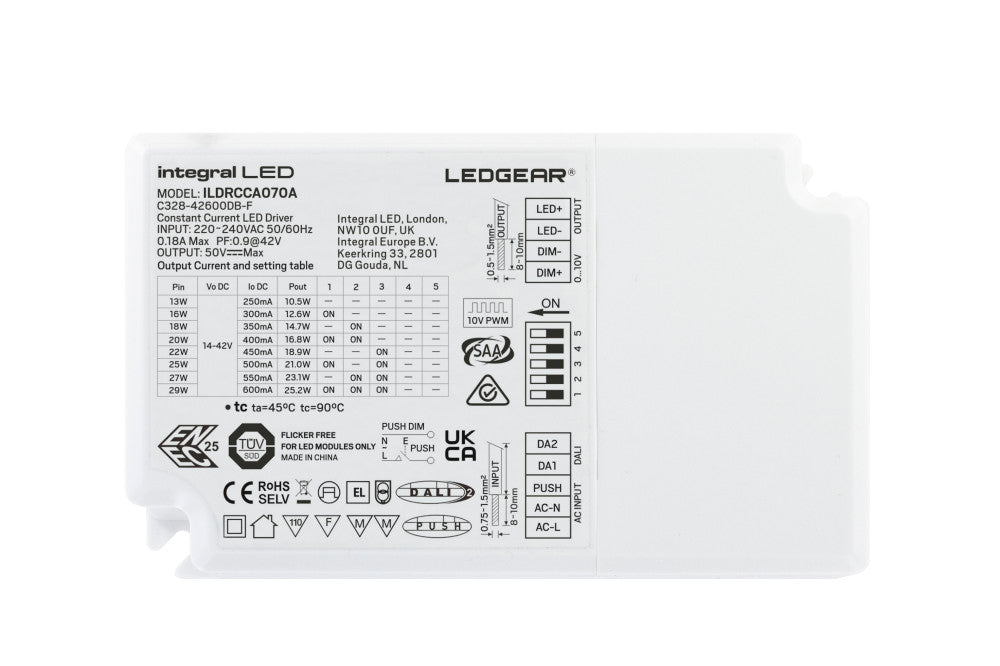 CONSTANT CURRENT DRIVER ADJUSTABLE OUTPUT 13-29W 250-600MA IP20 DALI- DALI2 - PUSH-DIMM 0-10V DIMMABLE 14-42V OUTPUT INTEGRAL