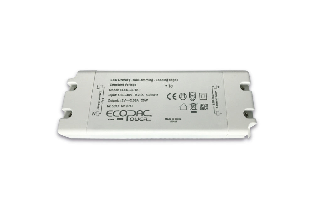CONSTANT VOLTAGE DRIVER 25W 12VDC IP20 TRIAC DIMMABLE 180-240V INPUT 2.5W MIN LOAD ECOPAC POWER