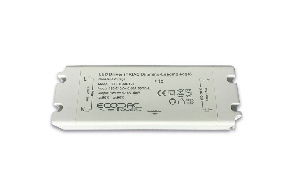 CONSTANT VOLTAGE DRIVER 50W 12VDC IP20 TRIAC DIMMABLE 180-240V INPUT 5W MIN LOAD ECOPAC POWER
