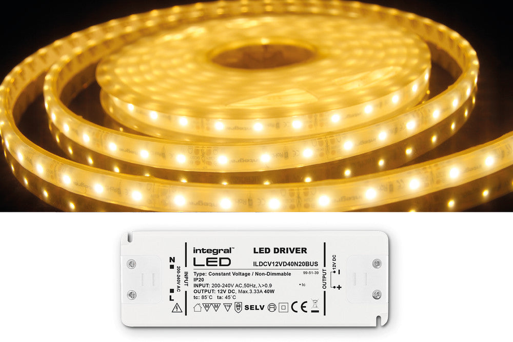 STRIP AND DRIVER KIT IP67 5M 3500K 12V 6W/M 325LM/M 60LED/M 10MM WIDTH 115 BEAM BOX PACK WITH 12V IP20 40W DRIVER INTEGRAL