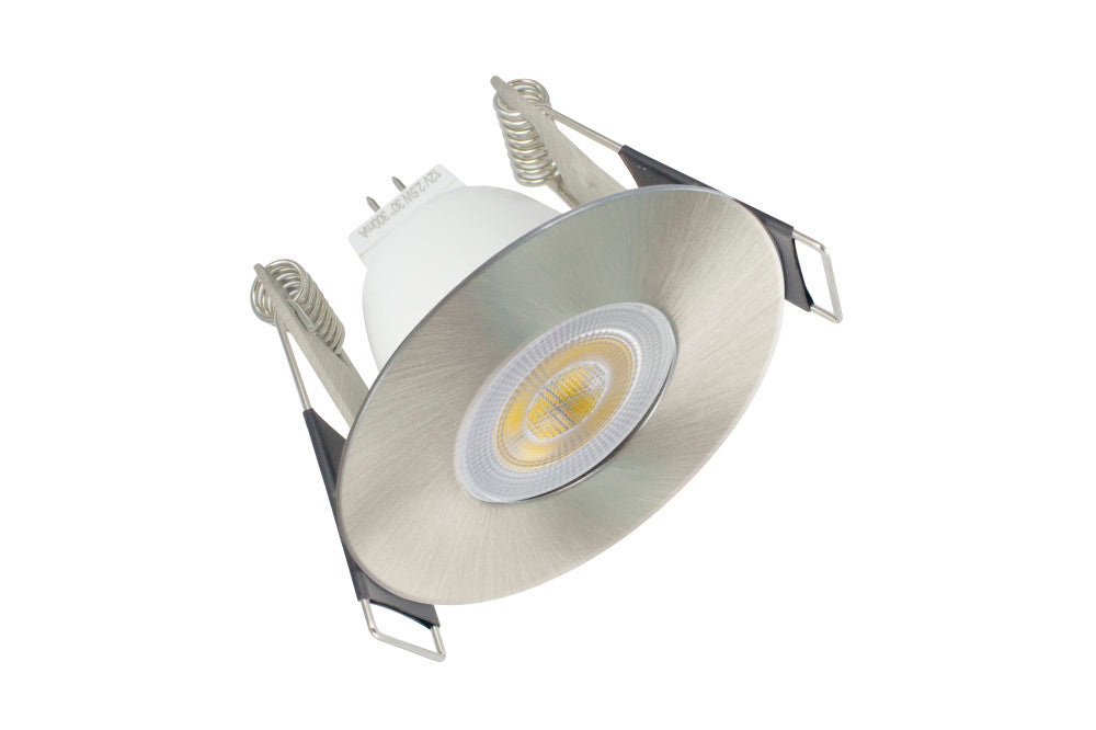 EVOFIRE MINI FIRE RATED DOWNLIGHT 45MM CUTOUT IP65 SATIN NICKEL ROUND INTEGRAL