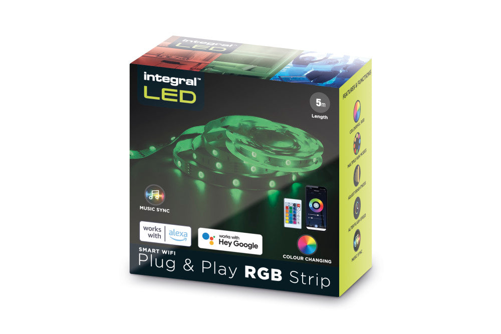 RGB PLUG AND PLAY LED STRIP KITS IP20 5M 4.5W/M 30LED/M 10MM WIDTH 120 BEAM BOX PACK WITH IR CONTROLLER & WIFI APP GOOGLE / ALEXA CONTROL AND UK PLUG INTEGRAL