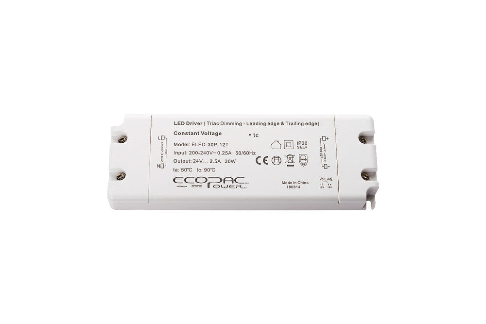 CONSTANT VOLTAGE DRIVER 30W 24VDC IP20 TRIAC DIMMABLE 200-240V INPUT 1.5W MIN LOAD ECOPAC POWER