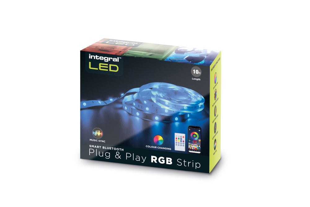 RGB PLUG AND PLAY LED STRIP KITS IP20 10M 4.5W/M 30LED/M 10MM WIDTH 120 BEAM BOX PACK WITH IR CONTROLLER & BLE APP CONTROL UK PLUG INTEGRAL