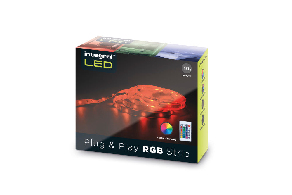 RGB PLUG AND PLAY LED STRIP KITS IP20 10M 4.5W/M 30LED/M 10MM WIDTH 120 BEAM BOX PACK WITH IR CONTROLLER UK PLUG INTEGRAL