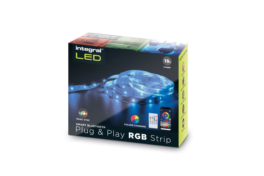 RGB PLUG AND PLAY LED STRIP KITS IP20 5M 4.5W/M 30LED/M 10MM WIDTH 120 BEAM BOX PACK WITH IR CONTROLLER & BLE APP CONTROL UK PLUG INTEGRAL