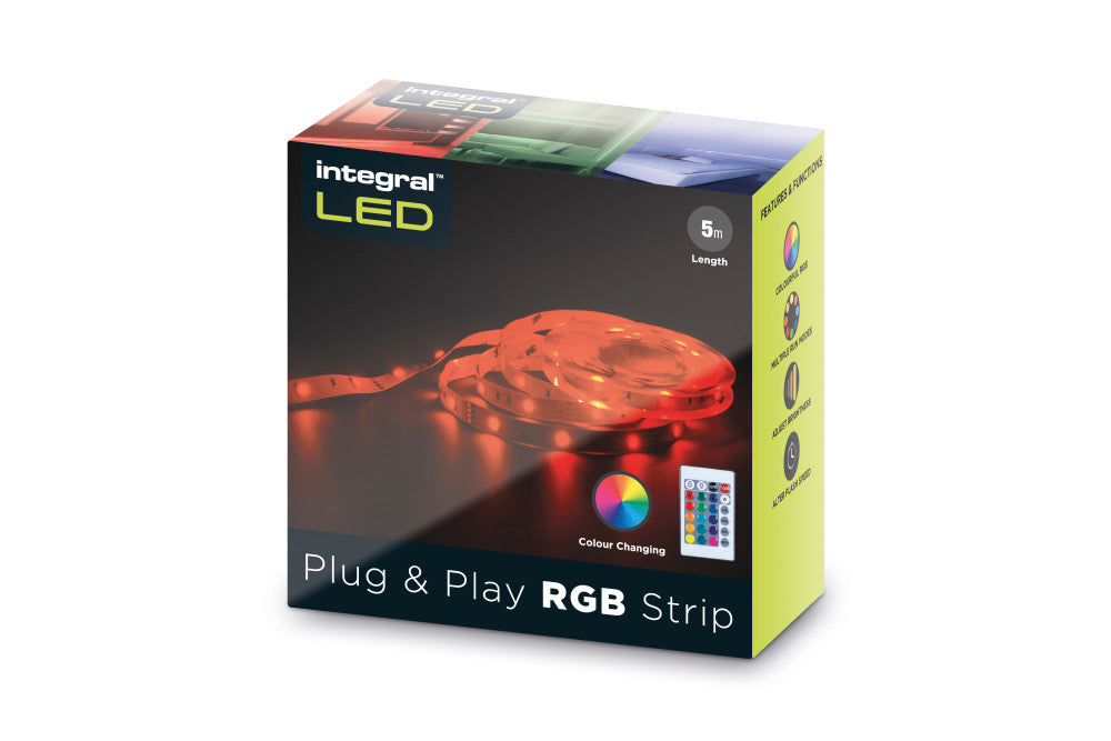 RGB PLUG AND PLAY LED STRIP KITS IP20 5M 4.5W/M 30LED/M 10MM WIDTH 120 BEAM BOX PACK WITH IR CONTROLLER UK PLUG INTEGRAL