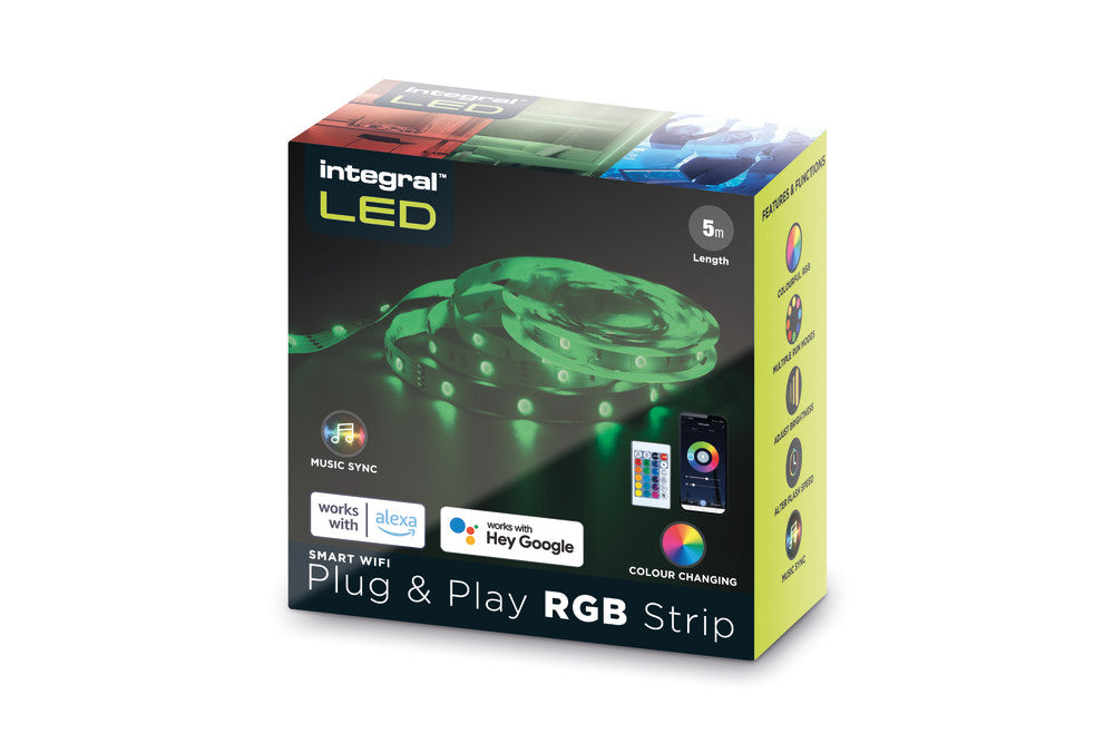 RGB PLUG AND PLAY LED STRIP KITS IP20 5M 4.5W/M 30LED/M 10MM WIDTH 120 BEAM BOX PACK WITH IR CONTROLLER & WIFI APP GOOGLE / ALEXA CONTROL EU PLUG INTEGRAL